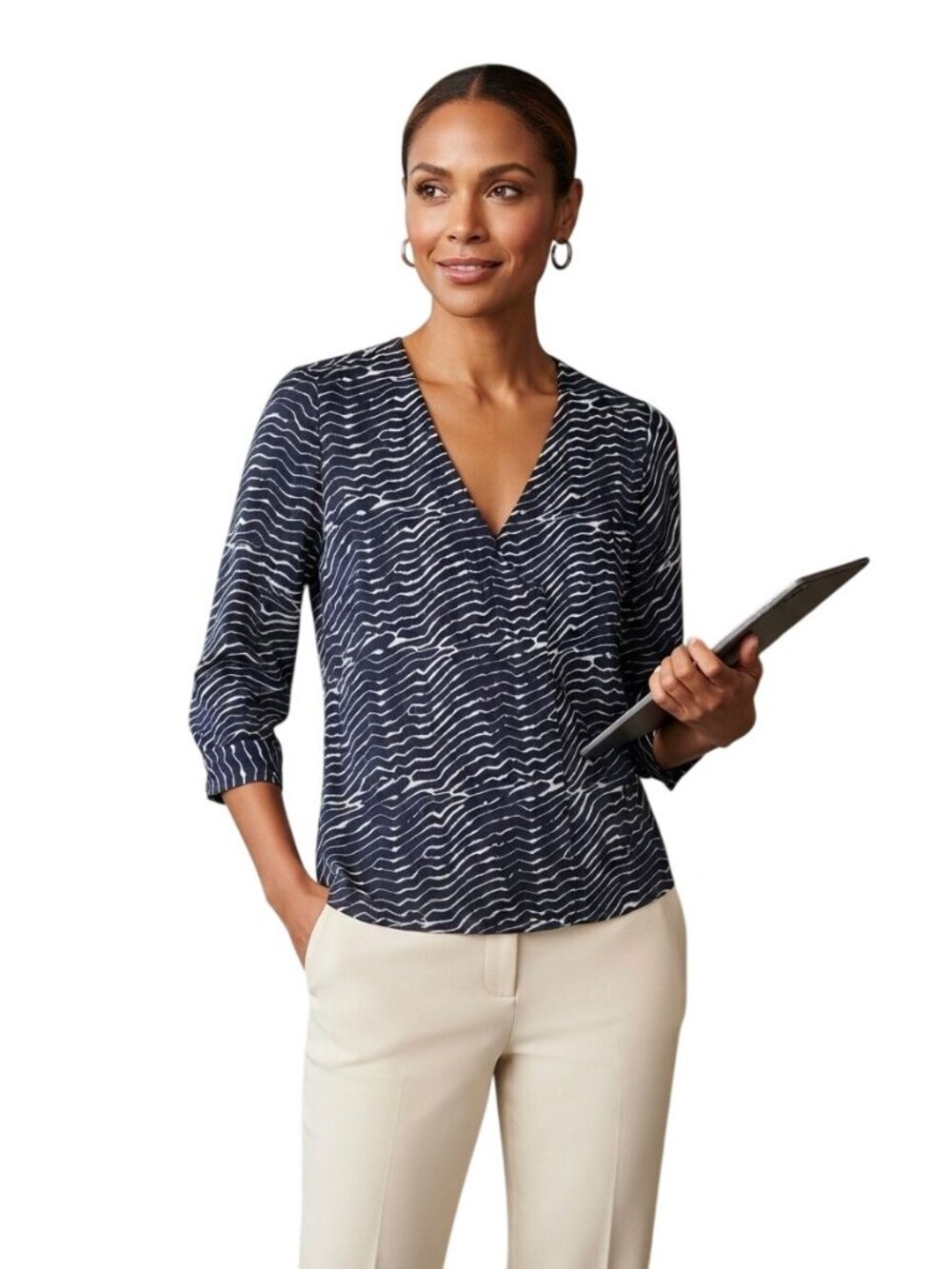 Ellie Kai Navy Patterned Silk Popover Blouse V Neck Size S